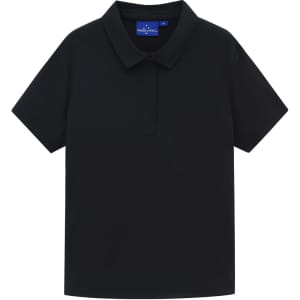 A black high-performance polo shirt with a collar and short sleeves, featuring a logo on the label.