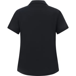A black high performance polo shirt featuring a classic collar and a logo on the back.