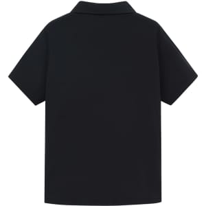 A black high-performance polo shirt with a collared design and short sleeves. Features branding on the garment.
