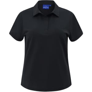 A black ladies' polo shirt with a stand-up collar, short sleeves, and a logo on the chest area.