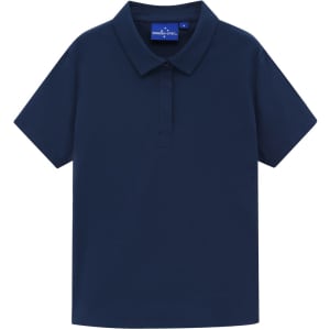 A navy polo shirt with a collar and short sleeves, featuring a brand logo on the label.
