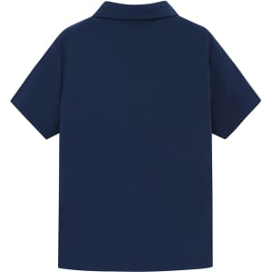A navy blue ladies' polo shirt with short sleeves and a collar, featuring a logo on the back.