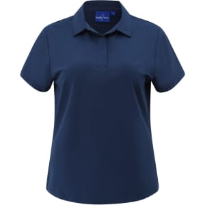 A navy high-performance polo shirt for women with a collar and short sleeves. Features a logo on the tag.