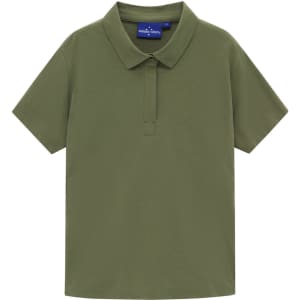 A ladies' short-sleeve polo shirt in olive green with a collar and a logo on the neckline.