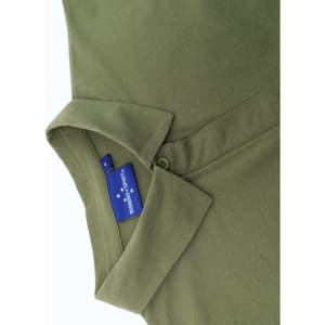 A khaki green ladies' polo shirt with a collar and a branded label.