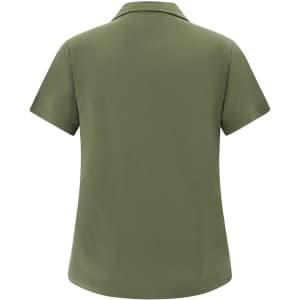 A ladies' high-performance polo shirt in olive green, featuring a short-sleeve design and a collar. It has a branding logo.