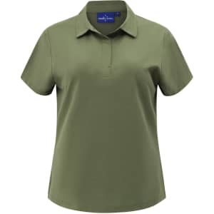 A ladies' high performance polo in olive green with a collar and short sleeves, featuring a logo on the upper side.