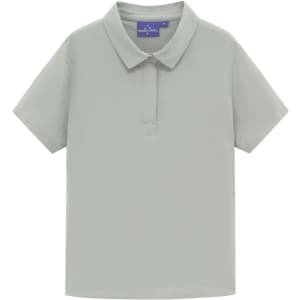 A light grey women's polo shirt with a collared neckline and short sleeves, featuring a logo on the upper part.