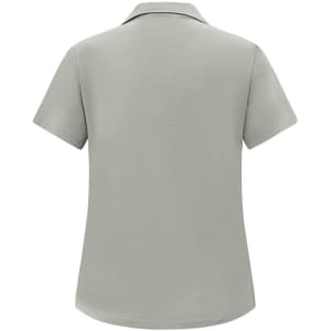 A short-sleeved polo shirt in a muted grey colour, featuring a collar and a simple design with a logo.