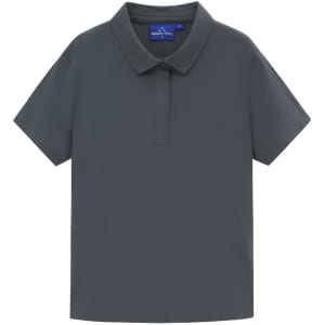 A grey high-performance polo shirt with a classic collar. It features a logo on the tag.