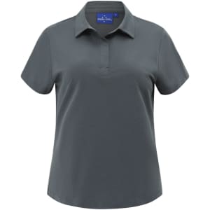 A ladies' short-sleeved polo in dark grey, featuring a collared neckline and a logo on the label.