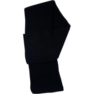 A black cable knit scarf with a textured design, made from acrylic material. It features a cable row detail.