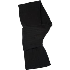 A black cable knit scarf made of acrylic, featuring a ribbed design. It has a logo but no visible branding.