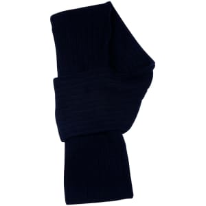 A navy cable knit scarf made from acrylic, featuring a textured cable row design. It has a logo.