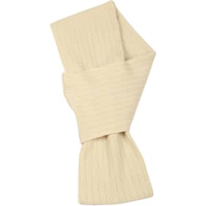 A cream-coloured cable knit scarf made from acrylic with distinctive cable row features. It has a simple design and includes a logo.