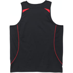 A black men's singlet with red detailing and a logo on the back.