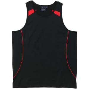 A black singlet with red accents and a tag, featuring a logo. Suitable for casual wear or sports.