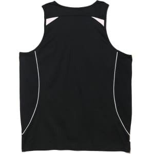 A black men's singlet featuring white accents and a logo. Ideal for fashion and active wear.
