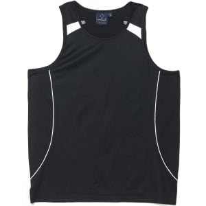 A black men's singlet featuring white detailing and a logo on the label. Smooth fabric and sleeveless design.