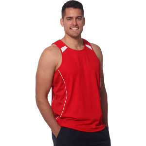 A red men's singlet featuring white accents, designed for fashion and comfort, with a logo present.