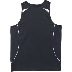 A black men's singlet featuring white accents and a logo, designed for casual wear.