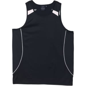 A black men's singlet featuring contrasting white detailing and a logo. Suitable for fashion and casual wear.