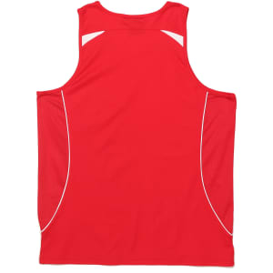 A red men's singlet with white accents and a logo. The back features a mesh design.
