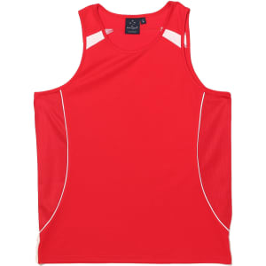 A red men's singlet featuring white detailing and a logo on the label.
