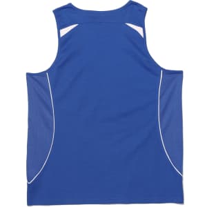 A blue men's singlet featuring a mesh design with white detailing and a logo on the back.