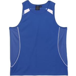 A blue men's singlet featuring mesh panels and contrasting white accents. It includes a label with branding.