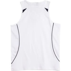 A white men's singlet with black accents and a logo. It features a sporty design and breathable fabric.