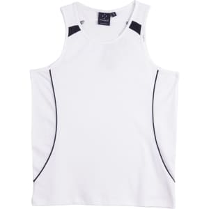 A white men's singlet featuring black accents and a logo. Designed for comfort and style in activewear.