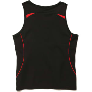 A black singlet featuring red accents and a logo. The design includes curved lines along the sides.