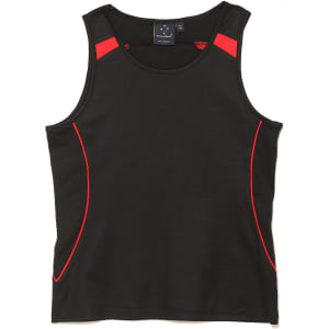 A dark green singlet featuring red accents and a logo on the upper part.