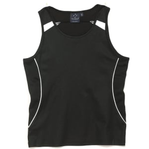 A black ladies' singlet with white accents and a logo, designed for casual or active wear.