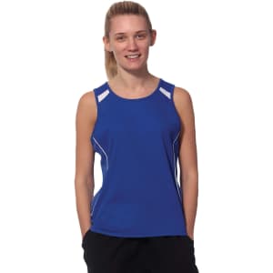 A blue ladies' singlet with white accents, featuring a logo, and a relaxed fit.