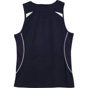 A navy ladies' singlet with white detailing and mesh panels on the sides. It includes a logo on the back.