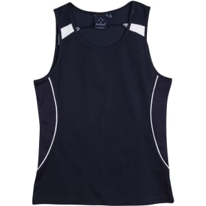 A navy singlet featuring white accents and mesh detailing, designed for ladies. It includes a logo.