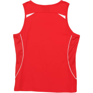 A red ladies' singlet with a mesh back and white accents, featuring a logo on the fabric.