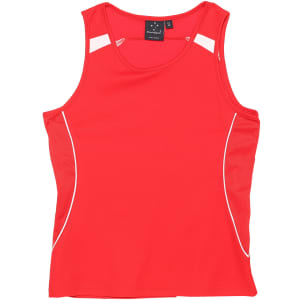 A red ladies' singlet featuring mesh panels and white accents, plus a logo on the design.