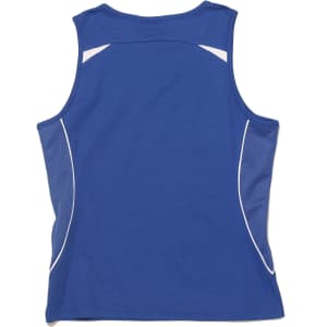A blue ladies' singlet featuring mesh panels and contrasting trim, with a logo on the back.