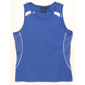 A blue ladies' singlet featuring light pink accents and a logo on the label. Ideal for active wear.