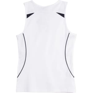 A white singlet with black accents and a mesh detailing on the sides, featuring a logo.