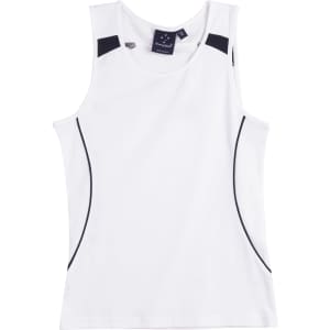 A white ladies' singlet featuring mesh panels and a logo. Designed for fashion and comfort.