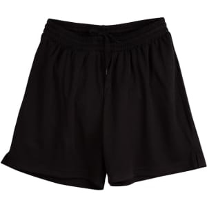 A pair of black kids' sports shorts with an elastic waistband and drawstring, featuring a branding logo.