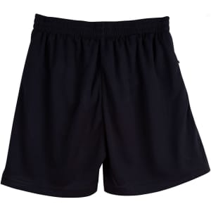 Black adult cooldry sports shorts with an elastic waistband and a logo featured. Suitable for active wear.