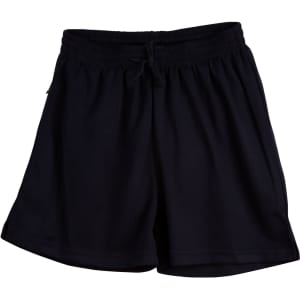 Black kids' sports shorts with an elastic waistband and drawstring, featuring a logo.