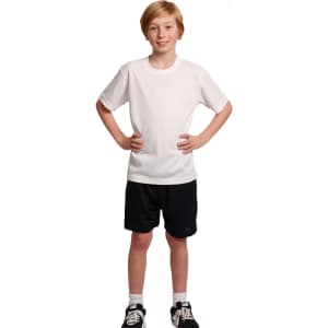 Kids cooldry sports shorts in black, paired with a white sports t-shirt. The outfit is modelled by a young boy.