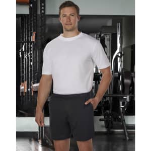 Adults' bamboo charcoal sports shorts in black, featuring an elastic waistband and a side pocket, paired with a white T-shirt.