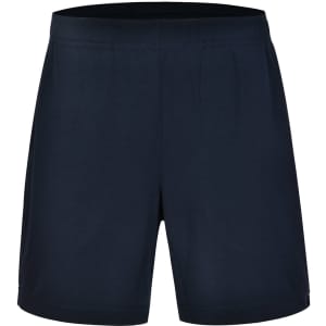 Bamboo charcoal sports shorts in navy blue with an elastic waistband and a logo detail. Ideal for athletic activities.